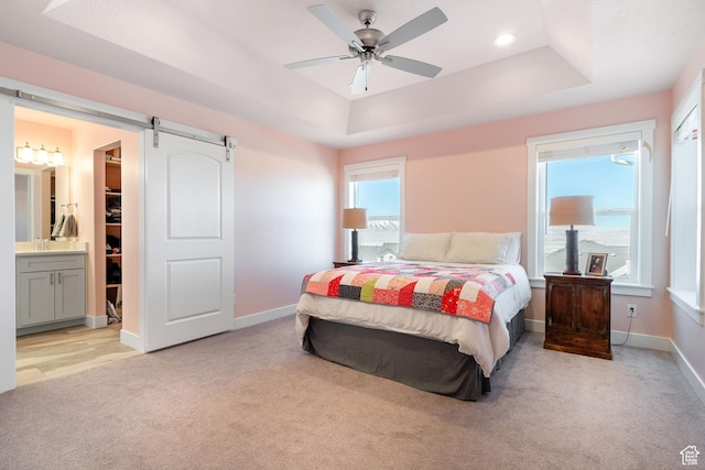 437 N 800 E, Hyde Park, UT 84318 - bedroom with a barn door, a raised ceiling, light carpet, baseboards, and ensuite bathroom