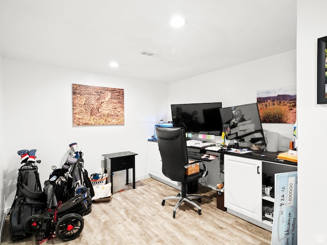 office area with visible vents, recessed lighting, and light wood-type flooring