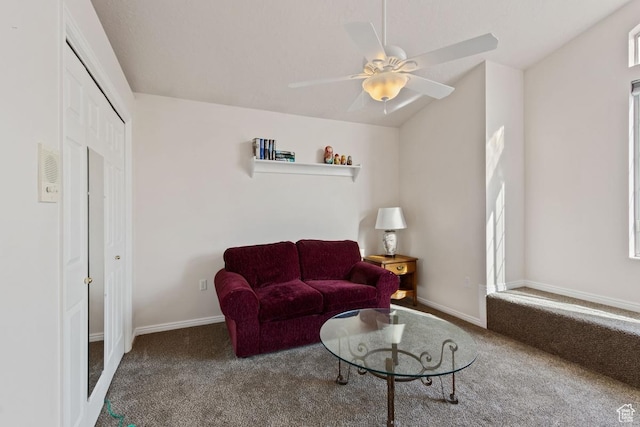846 E Holroyd S, South Ogden, UT 84403 - carpeted living area with baseboards, vaulted ceiling, and ceiling fan