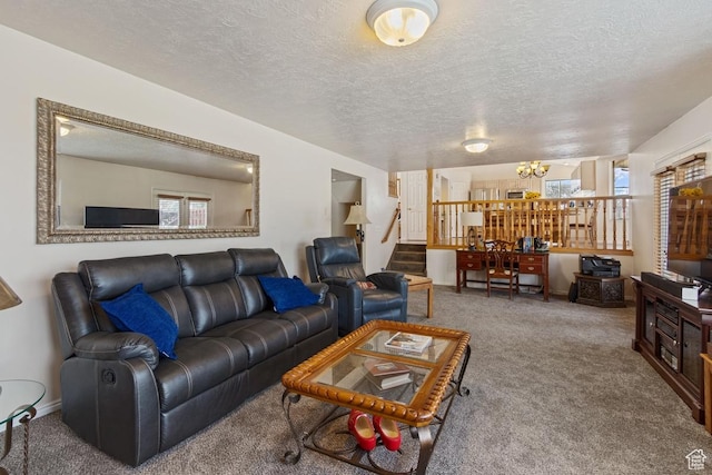 846 E Holroyd S, South Ogden, UT 84403 - carpeted living area with a notable chandelier, stairs, and a textured ceiling