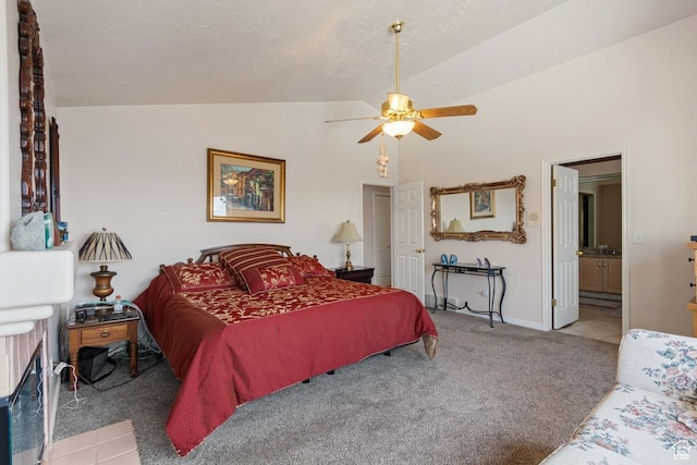 846 E Holroyd S, South Ogden, UT 84403 - bedroom with connected bathroom, carpet flooring, a textured ceiling, lofted ceiling, and baseboards