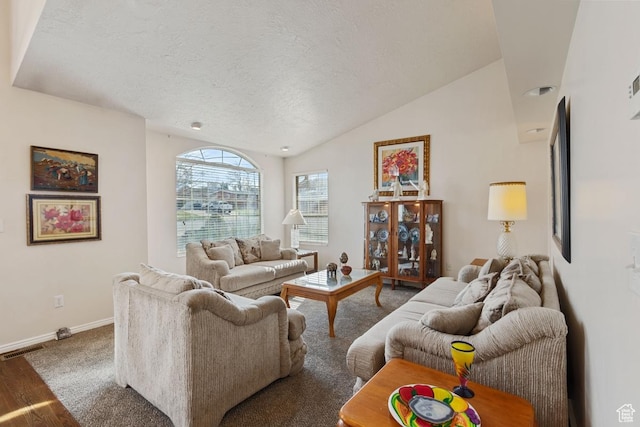 846 E Holroyd S, South Ogden, UT 84403 - living room with vaulted ceiling, visible vents, baseboards, and a textured ceiling