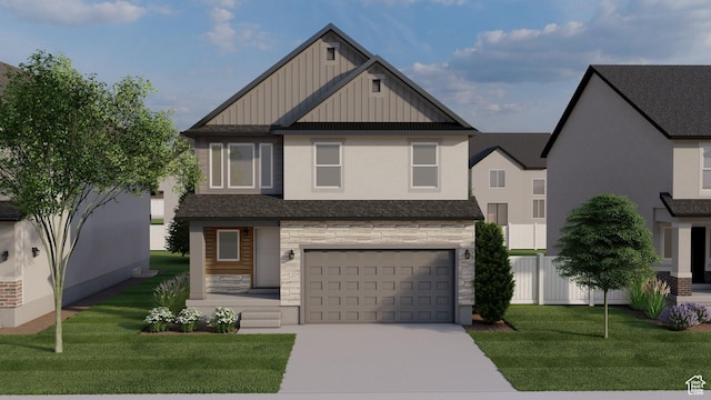 view of front facade with driveway, a front yard, stone siding, board and batten siding, and a garage