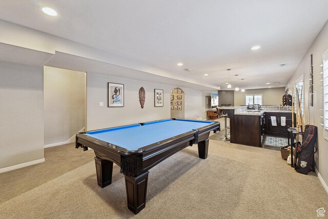 game room with light colored carpet, pool table, baseboards, and recessed lighting