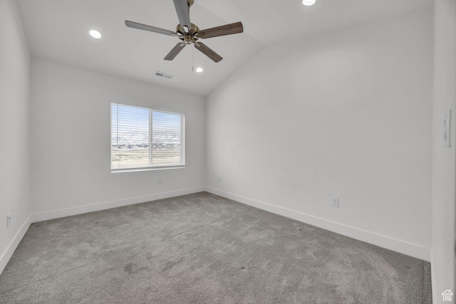 864 N Gleneagles Ct W, Tooele, UT 84074 - carpeted empty room with lofted ceiling, recessed lighting, baseboards, ceiling fan, and visible vents