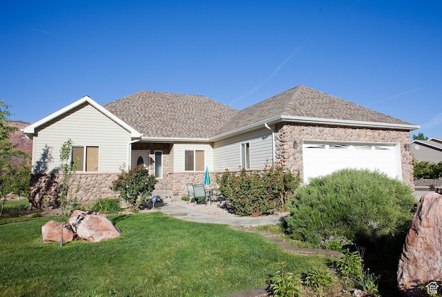 98 E Mt Peale Dr, Moab, UT 84532 - ranch-style home with stone siding, a front yard, a shingled roof, and an attached garage