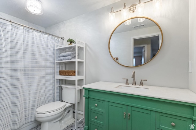 6321 W Moon Valley Dr, South Jordan, UT 84009 - bathroom featuring vanity, visible vents, curtained shower, and toilet
