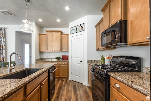 6321 W Moon Valley Dr, South Jordan, UT 84009 - kitchen with a sink, dark wood-style flooring, black appliances, pendant lighting, and light stone counters
