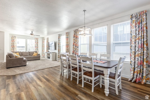 dining space featuring baseboards, a textured ceiling, wood finished floors, and ceiling fan with notable chandelier