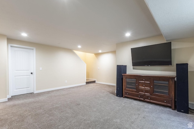 6321 W Moon Valley Dr, South Jordan, UT 84009 - unfurnished living room with stairway, baseboards, carpet, and recessed lighting