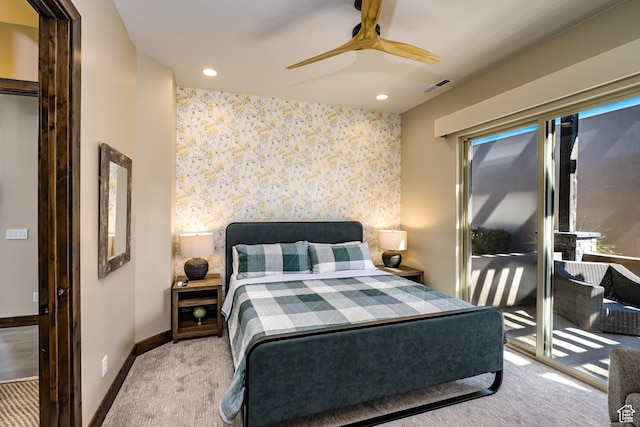 5024 W Nashoba Trl Unit 74, Hurricane, UT 84737 - bedroom with a ceiling fan, wallpapered walls, baseboards, visible vents, and carpet floors