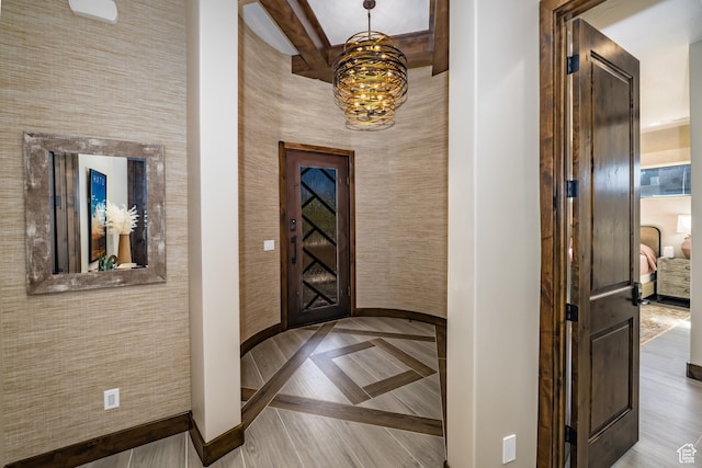 5024 W Nashoba Trl Unit 74, Hurricane, UT 84737 - interior space with coffered ceiling, beamed ceiling, a notable chandelier, and baseboards