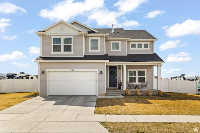 view of front of home with covered porch, concrete driveway, fence, and an attached garage