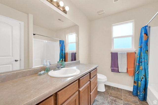 6007 W Jargon Way, Salt Lake City, UT 84118 - bathroom featuring visible vents, baseboards, toilet, vanity, and a shower with curtain