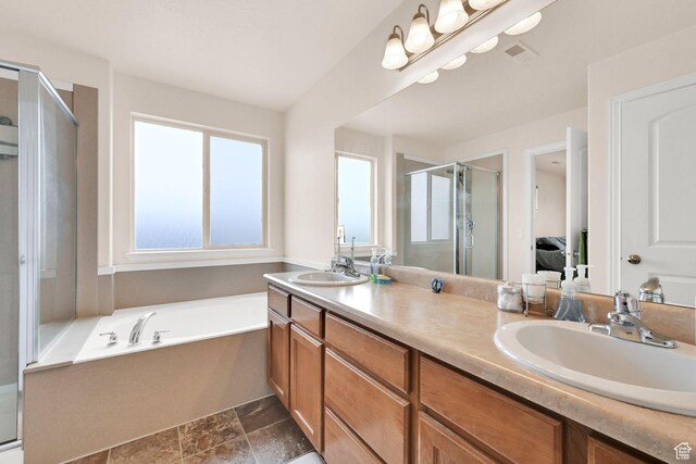6007 W Jargon Way, Salt Lake City, UT 84118 - full bathroom featuring a shower stall, double vanity, visible vents, and a sink