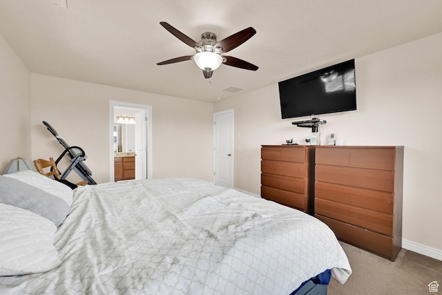 6007 W Jargon Way, Salt Lake City, UT 84118 - bedroom featuring connected bathroom, baseboards, light colored carpet, visible vents, and ceiling fan