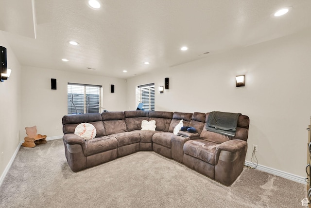 6007 W Jargon Way, Salt Lake City, UT 84118 - living room with baseboards, visible vents, recessed lighting, and carpet flooring