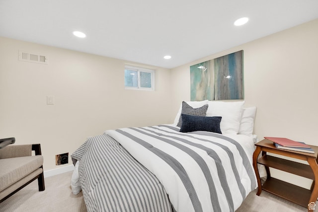 carpeted bedroom with recessed lighting, baseboards, and visible vents