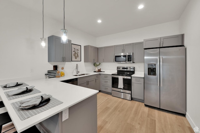 kitchen with appliances with stainless steel finishes, gray cabinets, a peninsula, a sink, and light countertops
