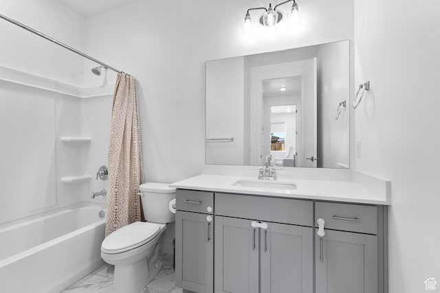 698 W Cypress Umber Dr, St George, UT 84790 - full bathroom featuring shower / bath combo, marble finish floor, toilet, and vanity