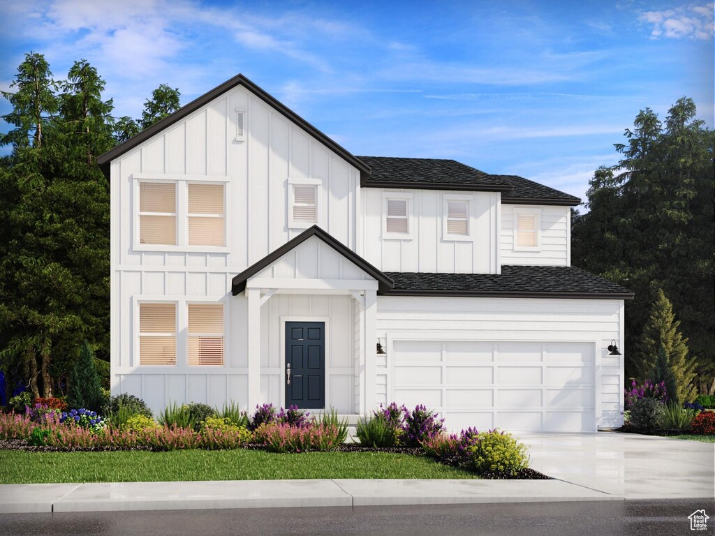 1316 N Harper Way Unit 0205, Tooele, UT 84074 - modern farmhouse with board and batten siding, driveway, a garage, and a shingled roof