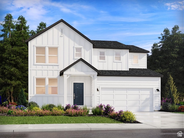 modern farmhouse with board and batten siding, driveway, a garage, and a shingled roof