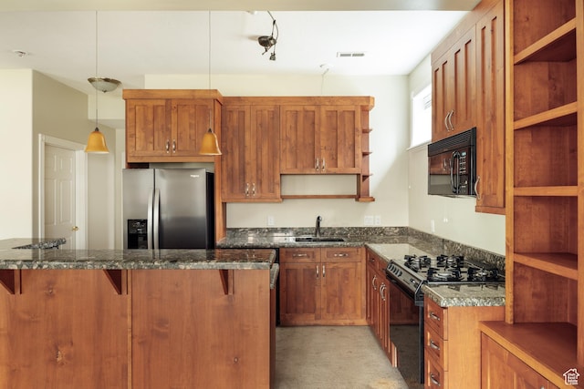 1669 W Angels Way S, Kaysville, UT 84037 - kitchen featuring a sink, open shelves, a kitchen breakfast bar, visible vents, and black appliances