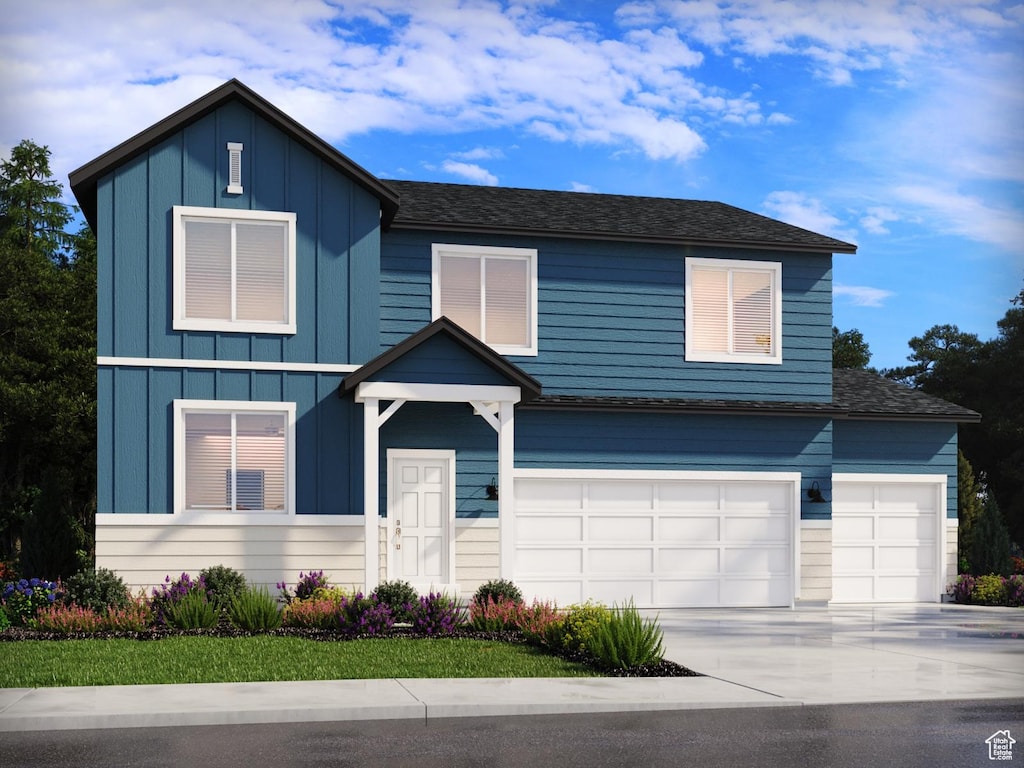974 N 160 E Unit 0026, Santaquin, UT 84655 - modern home featuring an attached garage, a shingled roof, board and batten siding, and concrete driveway