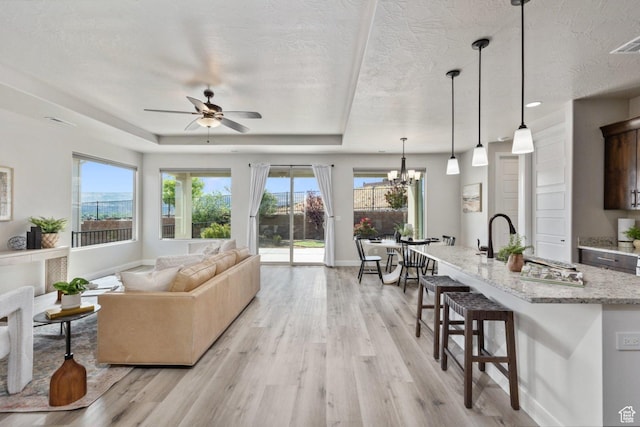 1867 W Grapevine, Hurricane, UT 84737 - living area featuring light wood-style flooring, plenty of natural light, a ceiling fan, a tray ceiling, and a textured ceiling