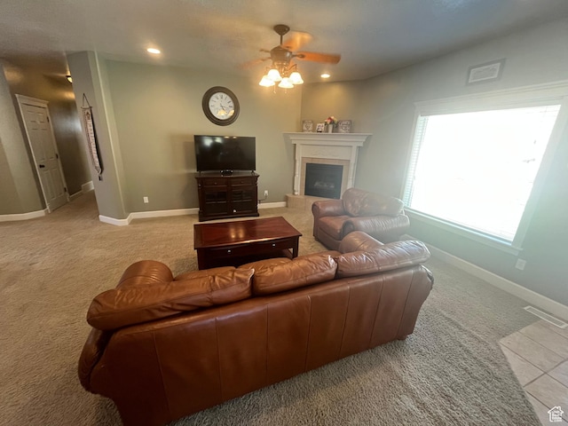 240 Bugle Way, Providence, UT 84332 - living room with carpet flooring, ceiling fan, a fireplace, and recessed lighting