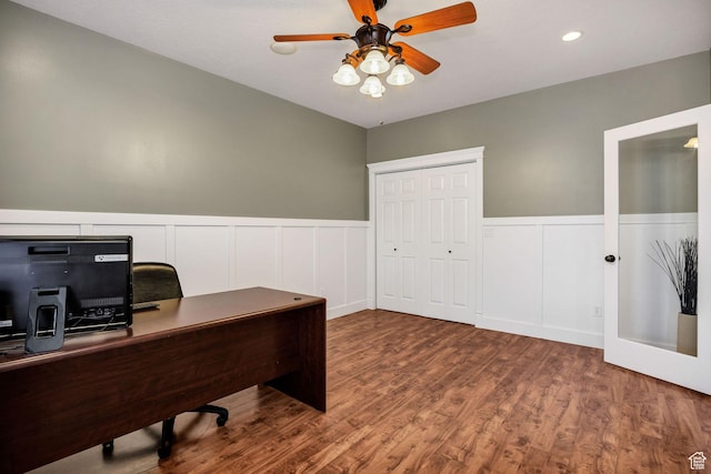240 Bugle Way, Providence, UT 84332 - office area featuring wainscoting, wood finished floors, ceiling fan, and recessed lighting