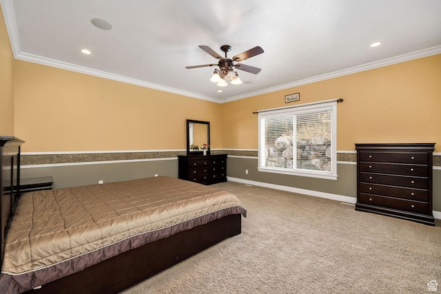240 Bugle Way, Providence, UT 84332 - carpeted bedroom featuring baseboards, ornamental molding, recessed lighting, and ceiling fan