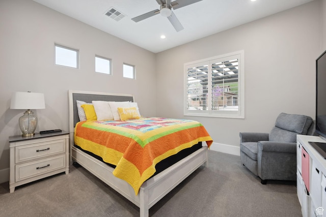 carpeted bedroom with a ceiling fan, recessed lighting, baseboards, and visible vents