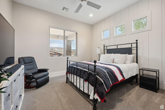 carpeted bedroom featuring recessed lighting, baseboards, ceiling fan, and visible vents