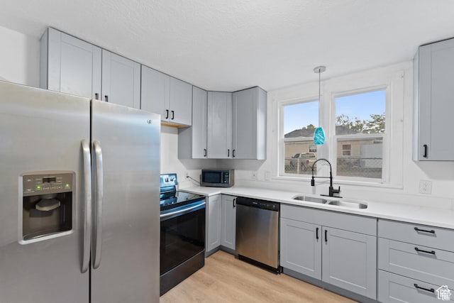 2814 S 9100 W, Magna, UT 84044 - kitchen with appliances with stainless steel finishes, a sink, gray cabinetry, light wood-style flooring, and a textured ceiling