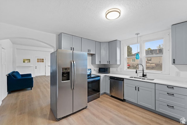 2814 S 9100 W, Magna, UT 84044 - kitchen featuring appliances with stainless steel finishes, gray cabinets, a sink, light wood finished floors, and a textured ceiling