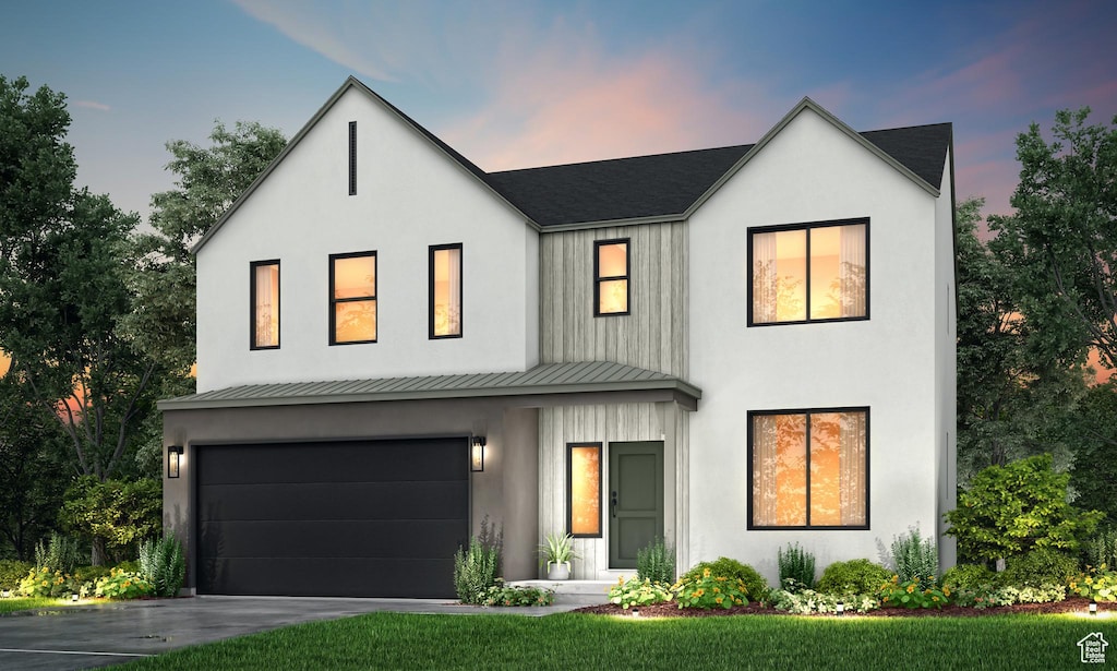 modern inspired farmhouse featuring a standing seam roof, driveway, a garage, and metal roof