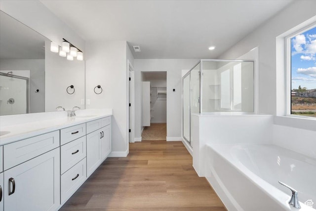 full bath featuring double vanity, a sink, wood finished floors, and a shower stall