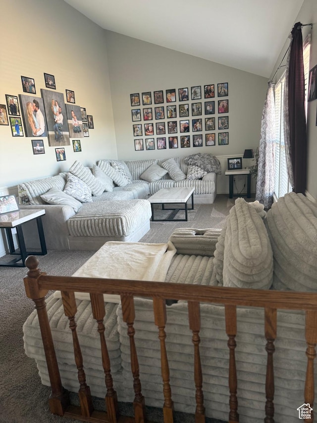 120 E Deseret Cir, Grantsville, UT 84029 - living room featuring carpet flooring and lofted ceiling