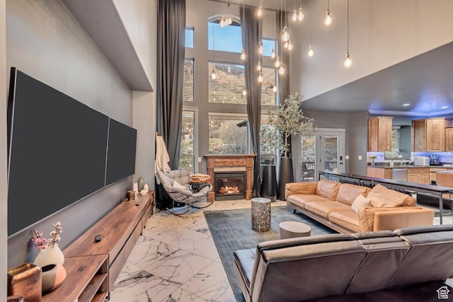 692 N Harrison Blvd, Ogden, UT 84404 - living room featuring marble finish floors, a glass covered fireplace, a towering ceiling, and healthy amount of natural light