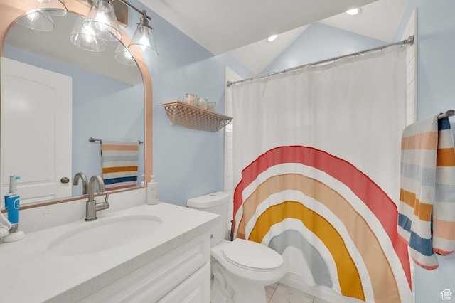 3225 N 1000 W, Pleasant View, UT 84414 - bathroom featuring a shower with curtain, vaulted ceiling, toilet, and vanity