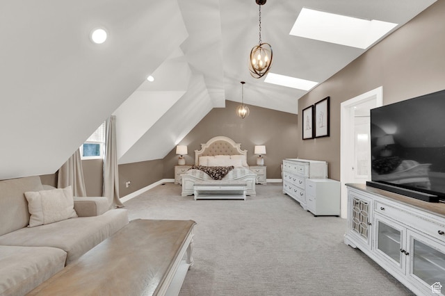3225 N 1000 W, Pleasant View, UT 84414 - bedroom featuring light colored carpet, vaulted ceiling with skylight, baseboards, and an inviting chandelier