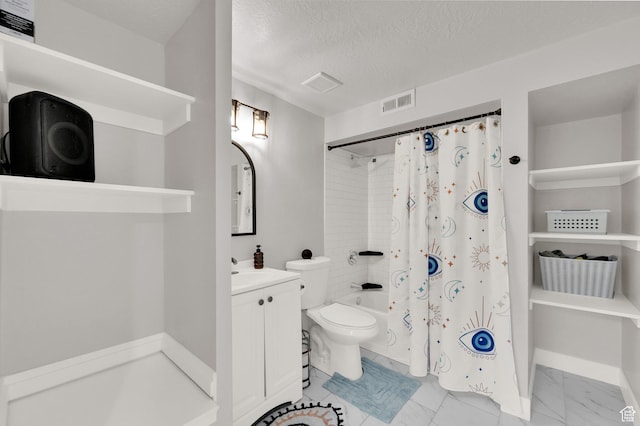 3225 N 1000 W, Pleasant View, UT 84414 - bathroom featuring toilet, shower / bath combo, a textured ceiling, marble finish floor, and visible vents