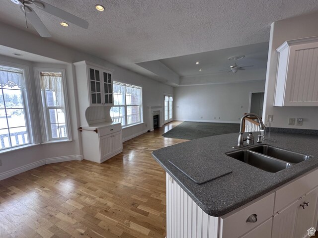 28848 N 11170 E, Milburn, UT 84629 - kitchen featuring white cabinets, light wood-style flooring, a ceiling fan, a sink, and open floor plan