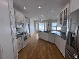 28848 N 11170 E, Milburn, UT 84629 - kitchen with wood finished floors, white cabinets, a peninsula, and stainless steel appliances