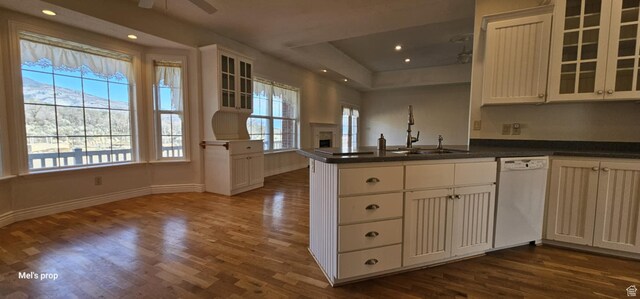 28848 N 11170 E, Milburn, UT 84629 - kitchen with dishwasher, dark wood-style flooring, a sink, and a peninsula