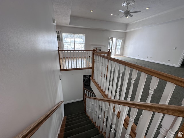 28848 N 11170 E, Milburn, UT 84629 - staircase with a raised ceiling, recessed lighting, baseboards, and ceiling fan