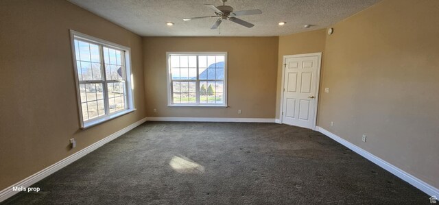 28848 N 11170 E, Milburn, UT 84629 - unfurnished room featuring baseboards, dark colored carpet, ceiling fan, and a textured ceiling