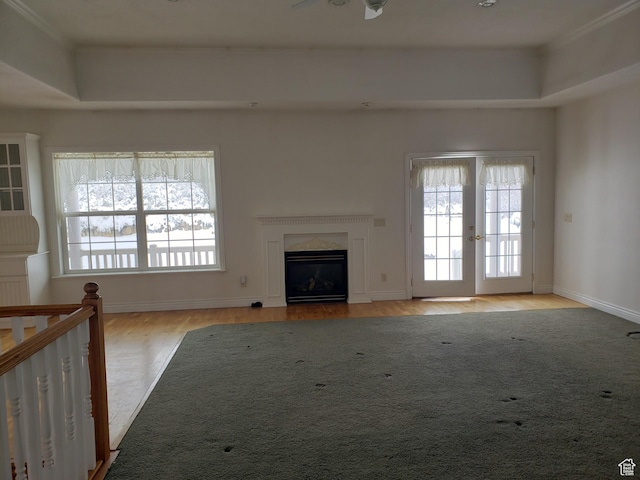 28848 N 11170 E, Milburn, UT 84629 - unfurnished living room featuring baseboards, a fireplace, wood finished floors, and french doors
