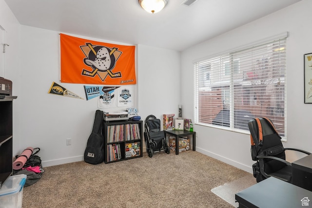 office featuring baseboards, visible vents, and carpet